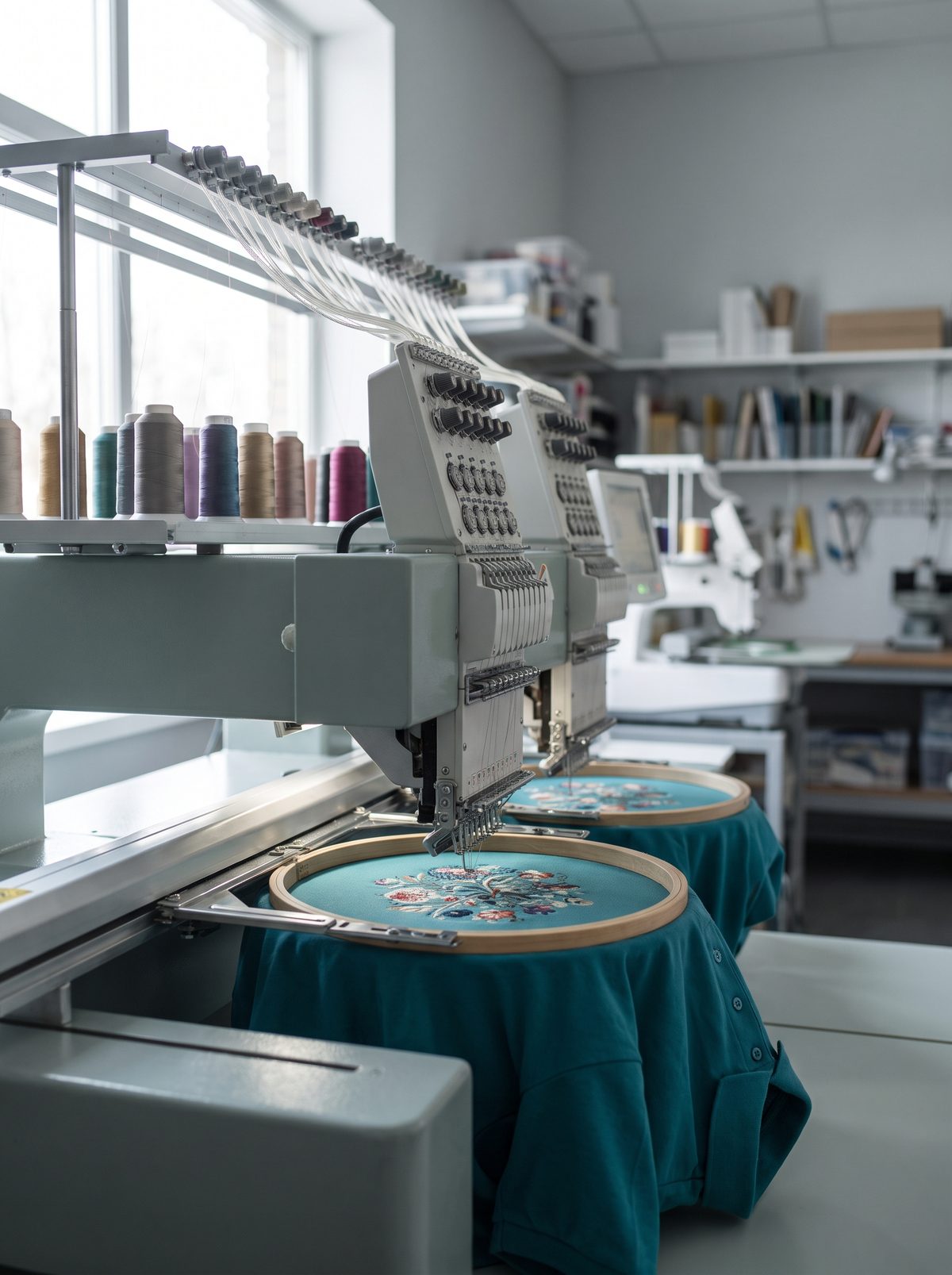 Multi-head embroidery machine stitching a design onto a teal polo shirt