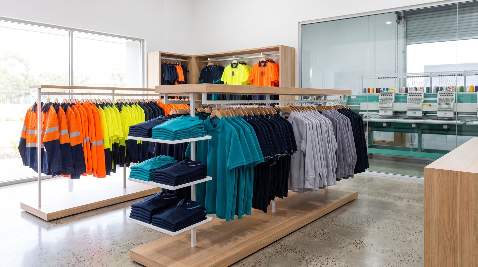 Racks of hi-vis workwear, teal polos and corporate shirts in a uniform store