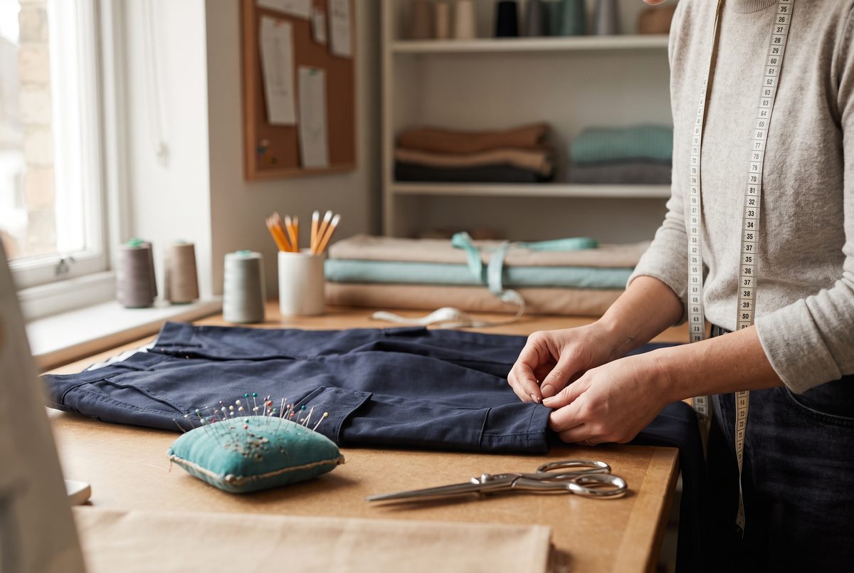 Tailor pinning the hem of navy work trousers on a workbench