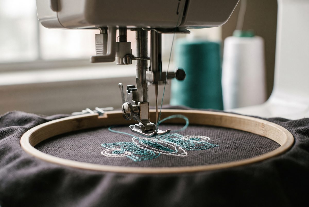 Embroidery machine stitching a teal and white design onto dark fabric