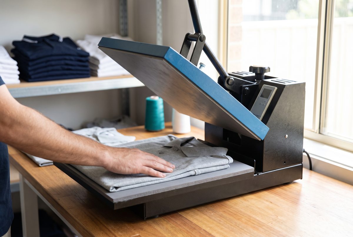 Grey polo shirt being positioned on a heat press in a garment workshop